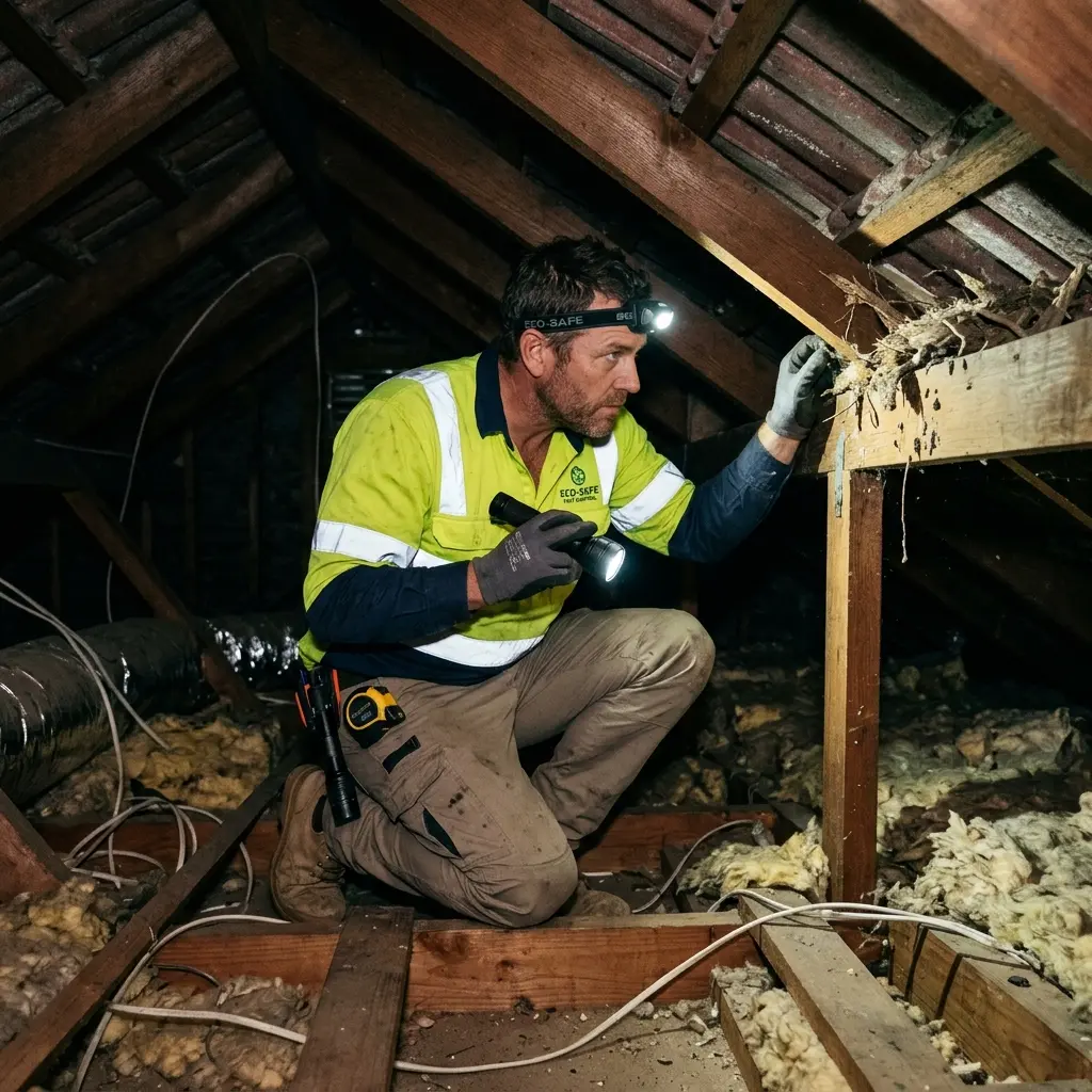 Technician inspecting a roof cavity for a dead animal in Chum Creek