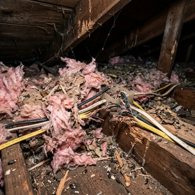 Contaminated ceiling insulation being assessed in a Chum Creek roof space