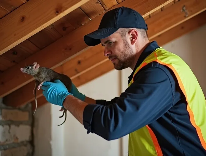 Technician inspecting a roof cavity for a dead rat in Chum Creek